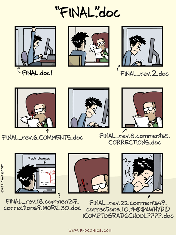 Comic: a PhD student sends "FINAL.doc" to their supervisor, but after several increasingly intense and frustrating rounds of comments and revisions they end up with a file named "FINAL_rev.22.comments49.corrections.10.#@$%WHYDIDCOMETOGRADSCHOOL????.doc" - source: https://phdcomics.com/comics/archive.php?comicid=1531